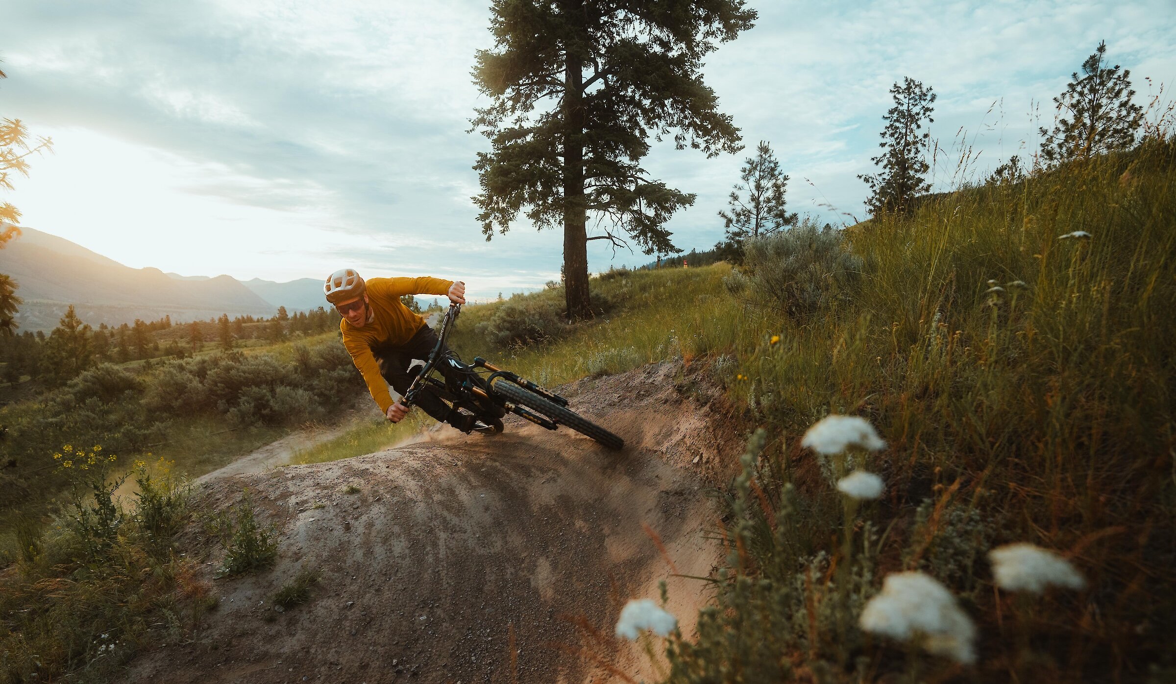 Pro mountain biker Matt Hunter riding a trail at the Kamloops Bike Ranch surrounded by flowers and greenery in Kamloops, BC.