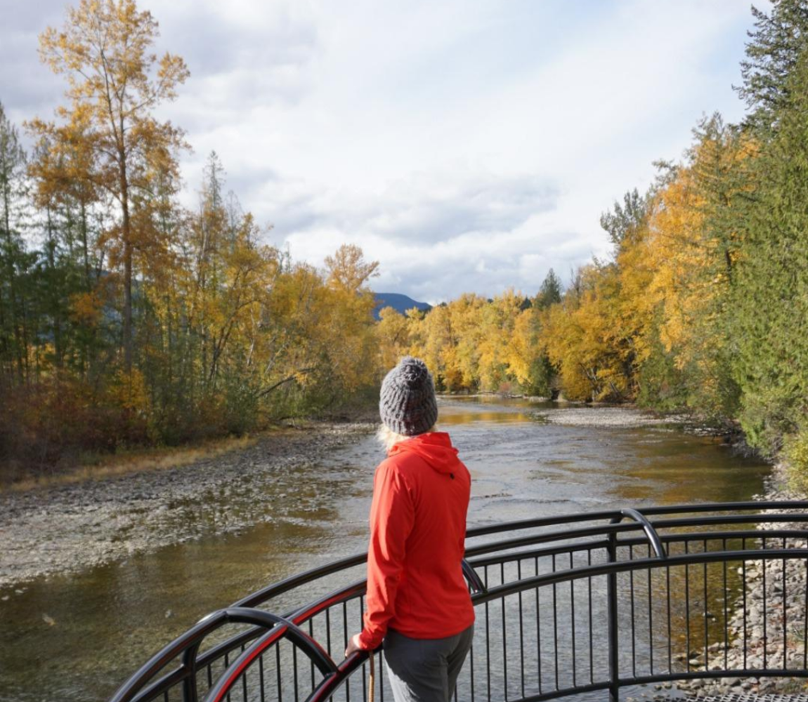 Girl standing on the viewing platform that overlooks the Adams River in Tsútswecw Provincial Park