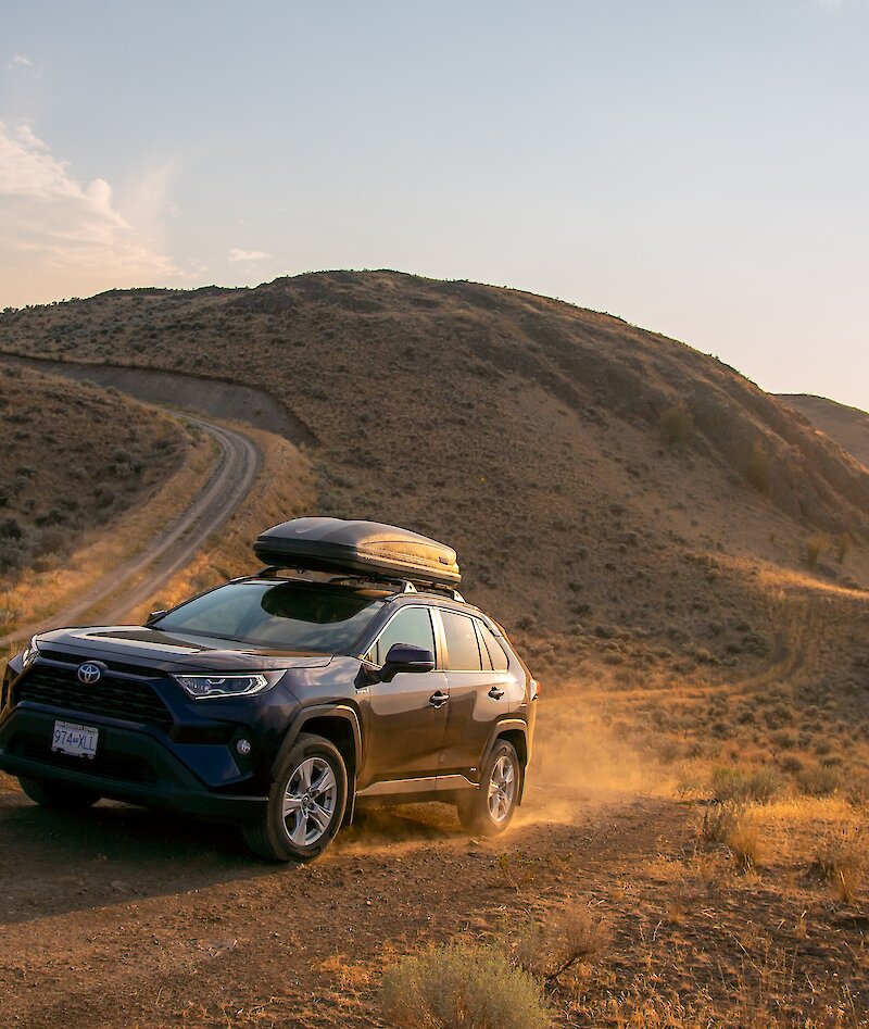 A Rav4 driving up a dirt road surrounded by golden grasslands in Kamloops, BC.