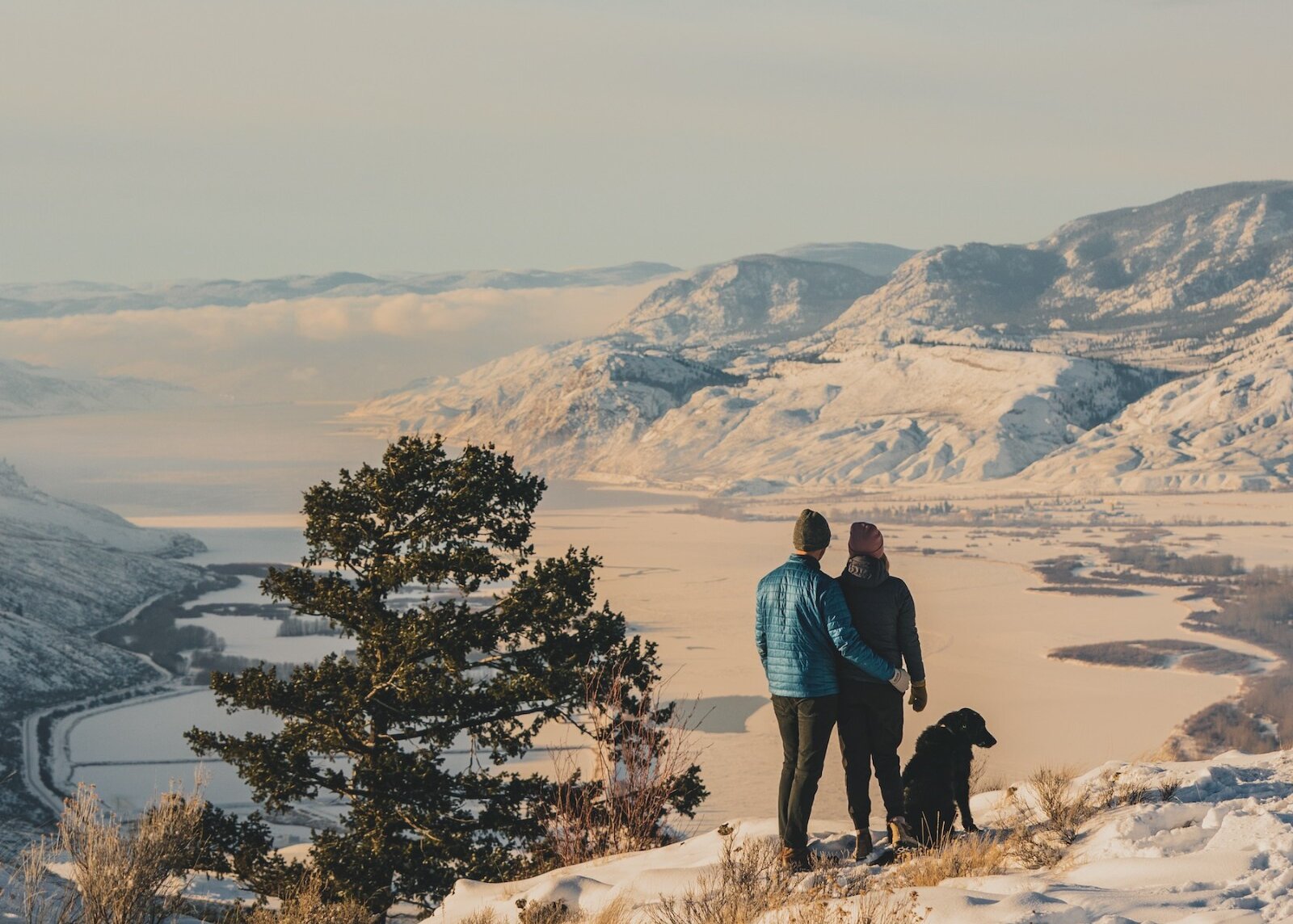 Two hikers with their dog admiring the view over Kamloops lake with the snow-covered mountains.