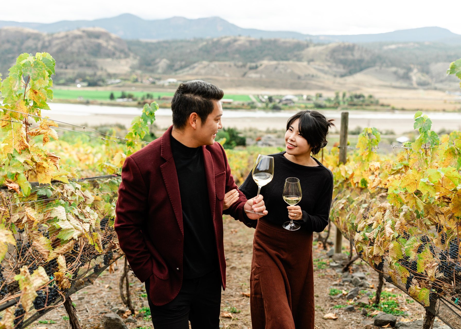 A couple cheers their wine glasses as they walk through the fall coloured vineyards at Sagewood Winery in Kamloops, BC.