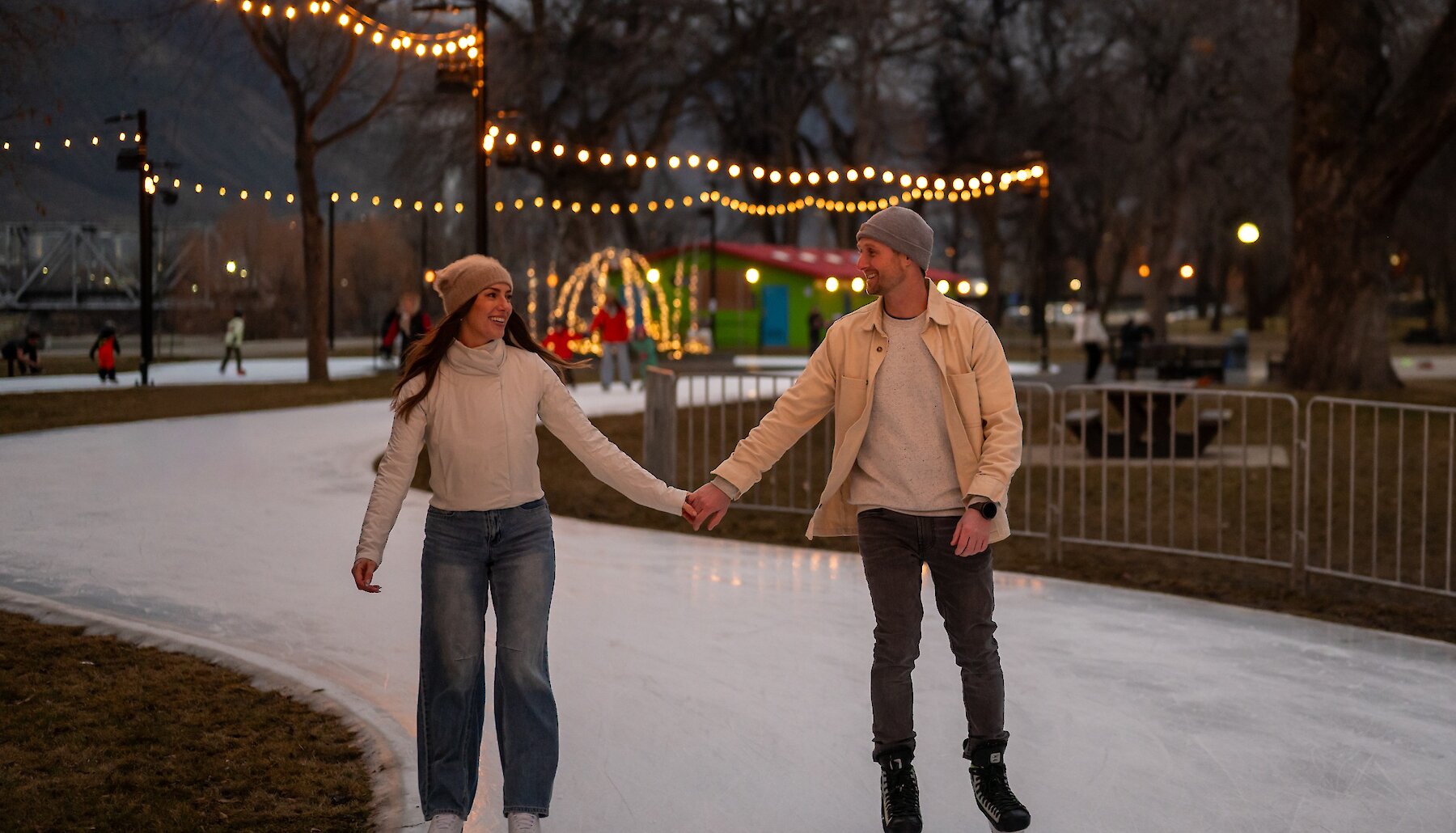 A couple skating at Riverside Park in Kamloops, BC