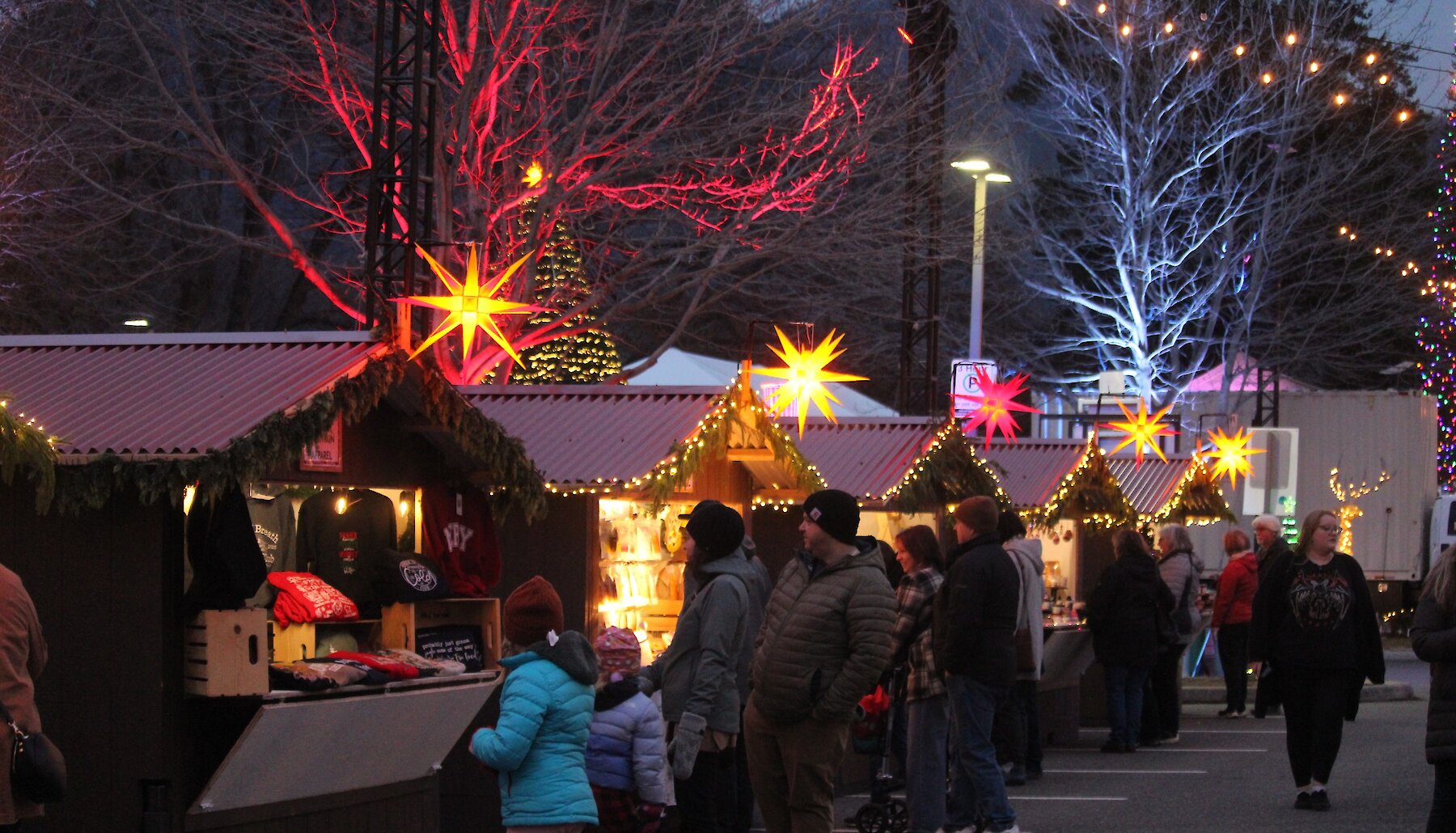 Booths and lights at the Kamloops Christmas Market.