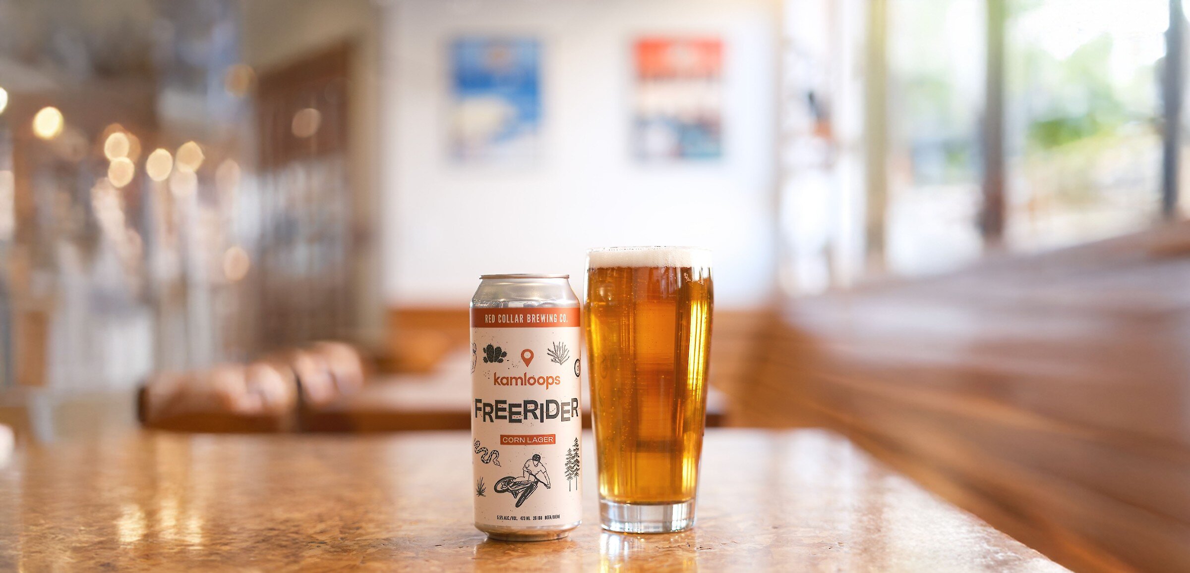 Freerider Corn Lager in collaboration with Red Collar Brewing Co and Tourism Kamloops.