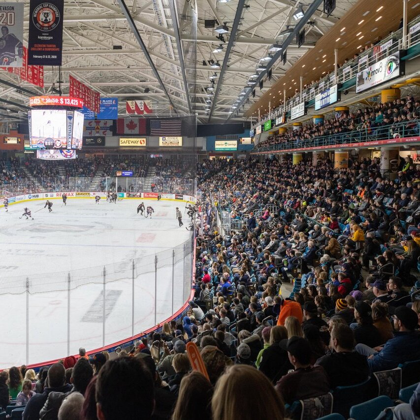 A packed crowd of fans watches a Kamloops Blazers game from the stands at the Sandman Centre in Kamloops, BC.