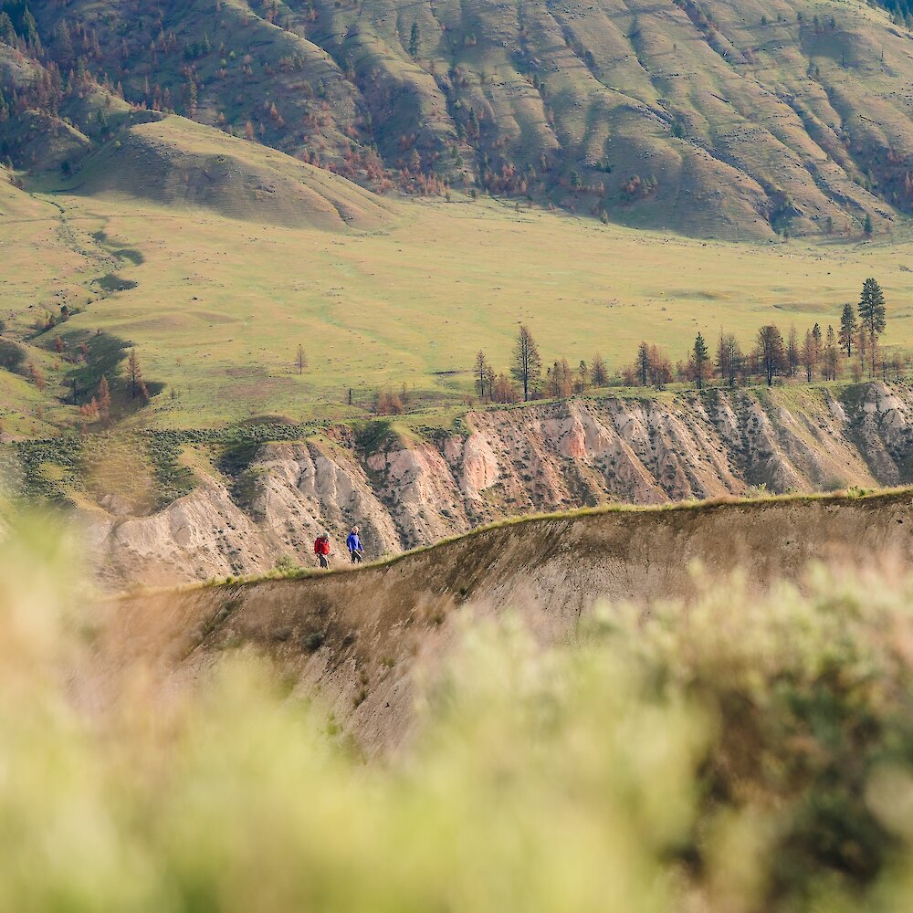 Two hikers walking along the ridge in Valleyview Nature Park with the silt bluffs in the background.