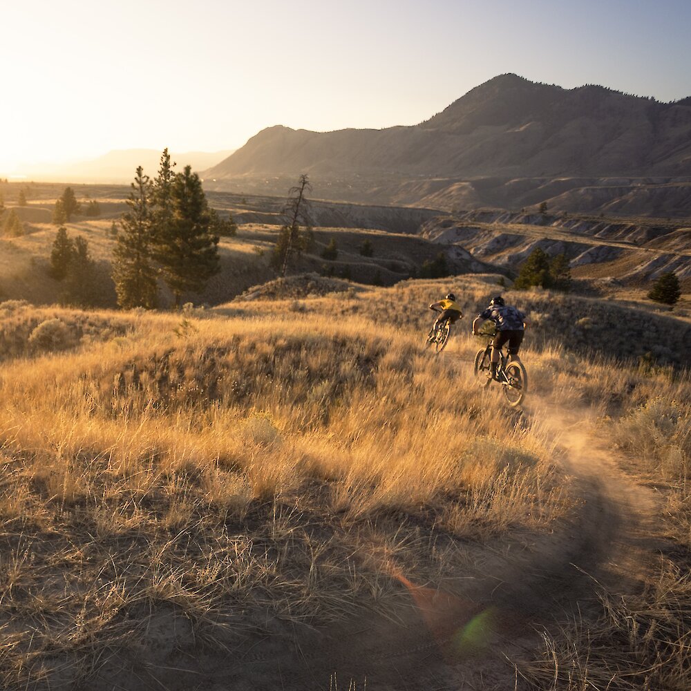 Mountain bikers riding the Coyote Crossing Trail in Kamloops at sunset.