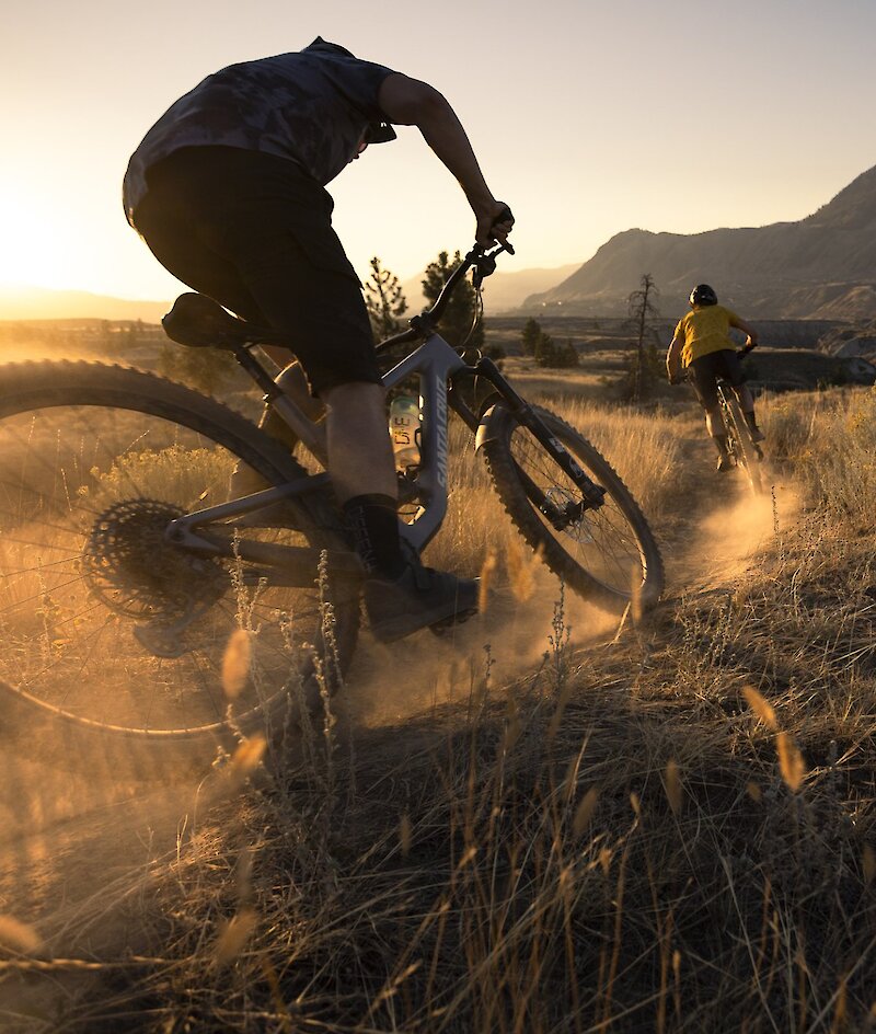 Mountain bikers riding the Coyote Crossing Trail in Kamloops at sunset.