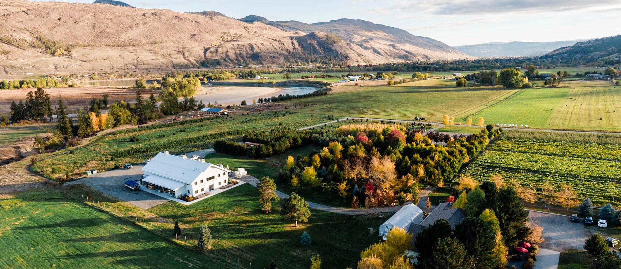 Privato Vineyard and Winery located in Kamloops BC, as seen from above with the mountains in the background with the surrounding vineyards.