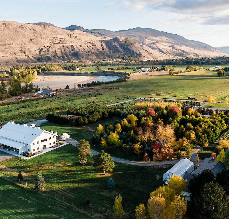 Privato Vineyard and Winery located in Kamloops BC, as seen from above with the mountains in the background with the surrounding vineyards.