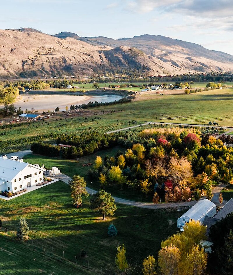 Privato Vineyard and Winery located in Kamloops BC, as seen from above with the mountains in the background with the surrounding vineyards.