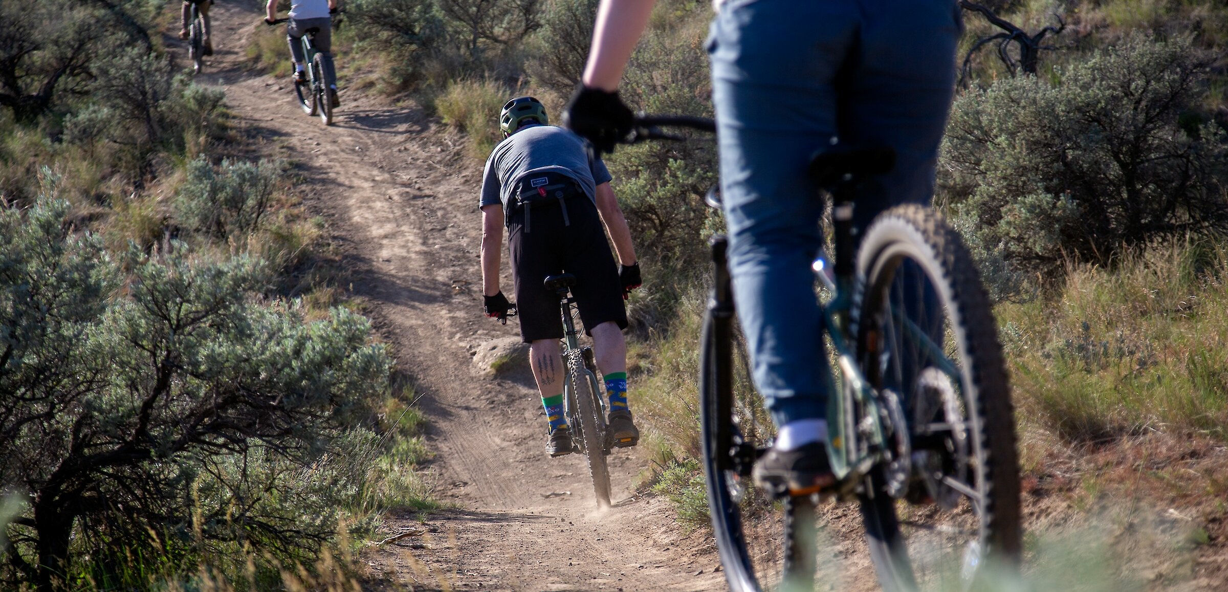 A group of bikers riding along the trail on their mountain bike tour in Kamloops, BC.