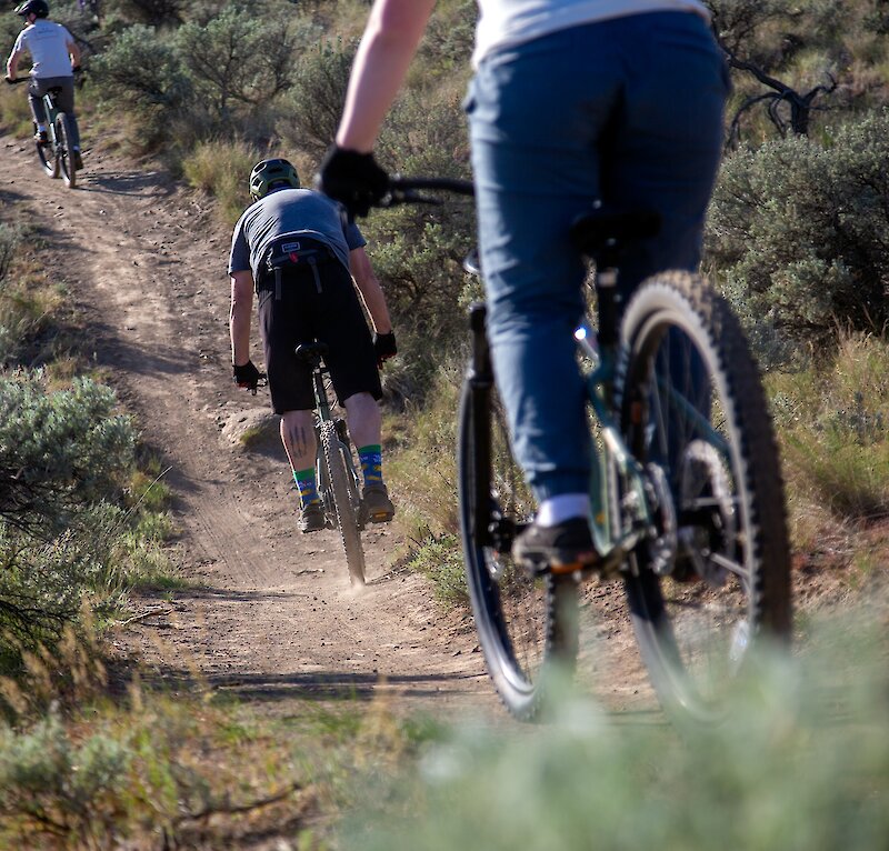 A group of bikers riding along the trail on their mountain bike tour in Kamloops, BC.