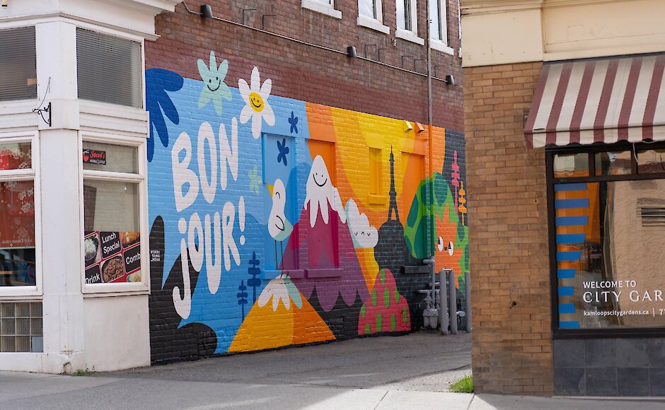 Bonjour la Francophonie Back Alley Mural in downtown Kamloops, BC.